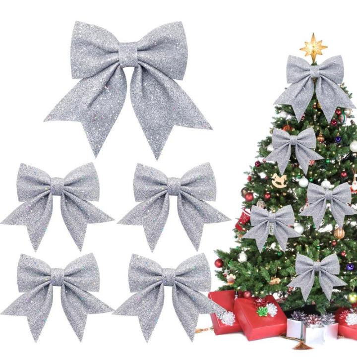 1 + 4 stuks zilveren strikken Kerstmis kerstboom strikken glitter kerstboomversiering voor familiefeesten feestdecoratie voor Kerstmis vakantie bruiloft feesten (2 maat)