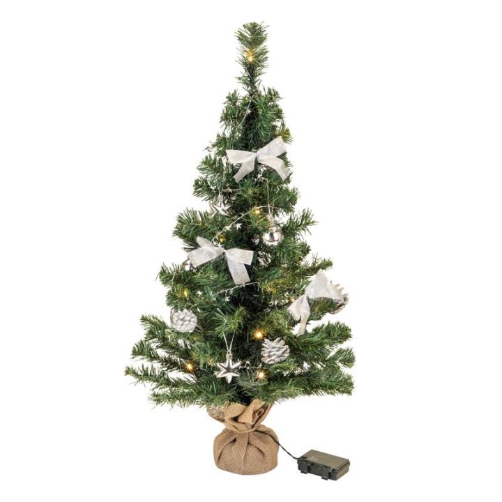 Kunstkerstboom, 75 cm, versierd met ballen, sterren, dennenappels, strikken, slinger, en een lichtkettting met 20 ledlichtjes, 1 batterij