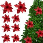 Poinsettia Blumen künstlich 8pcs 8x10in realistische Weihnachtsblumen mit Pailletten & Textur Stoff Poinsettias Künstliche Weihnachtsblumen, Rot, Poinsettias Künstliche Weihnach