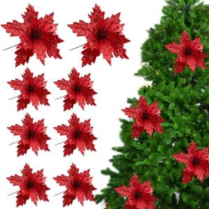 Poinsettia Blumen künstlich 8pcs 8x10in realistische Weihnachtsblumen mit Pailletten & Textur Stoff Poinsettias Künstliche Weihnachtsblumen, Rot, Poinsettias Künstliche Weihnach