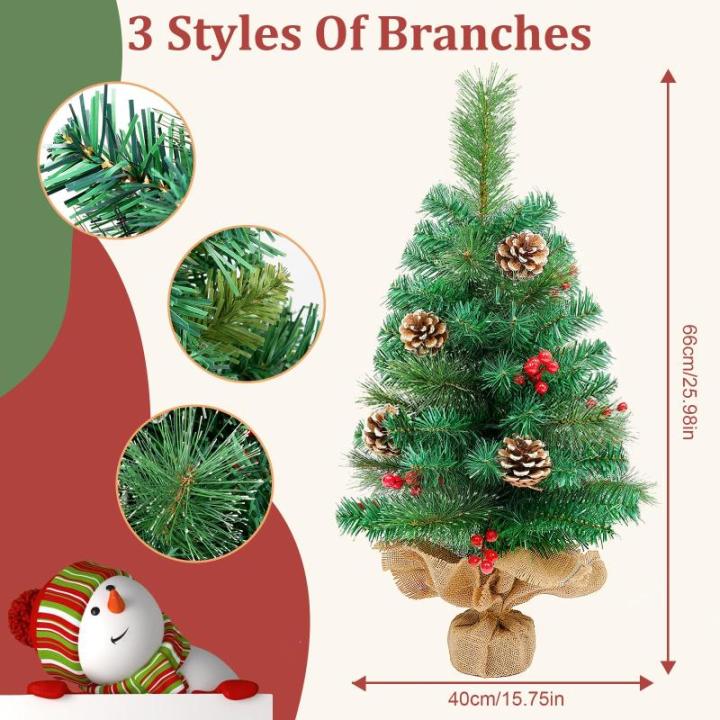Kunstkerstboom, 60 cm, met dennenappels, rode bessen, groene dennenbladeren, 70 punten, linnen, katoen en cementbasis, voor kerstdecoraties