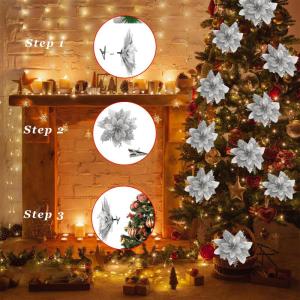12 Stück Weihnachten Glitzer Weihnachtsstern Silber Künstliche Blumen Deko, Weihnachtsstern Künstliche Blumen mit Clips + Vorbauten, Weihnachtsblumen für Weihnachts Hochzeits G