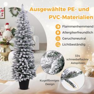 Schlanker Künstlicher Weihnachtsbaum 180cm, Beleuchteter Beflockter Weihnachtsbaum mit 140 LED-Lichtern & beflocktem Schnee, Tannenbaum mit Zementbasis, für Innen- & Außenbereic