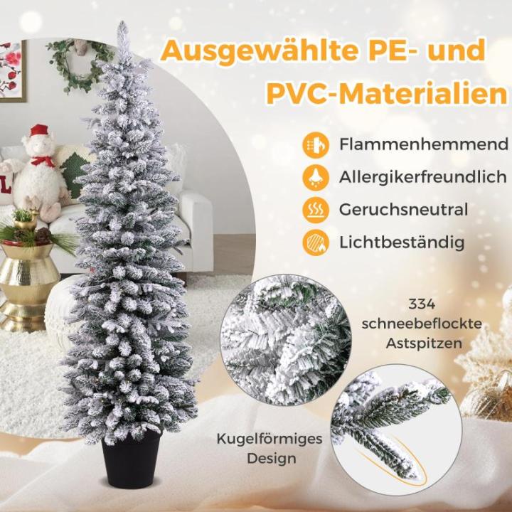 Schlanker Künstlicher Weihnachtsbaum 180cm, Beleuchteter Beflockter Weihnachtsbaum mit 140 LED-Lichtern & beflocktem Schnee, Tannenbaum mit Zementbasis, für Innen- & Außenbereic