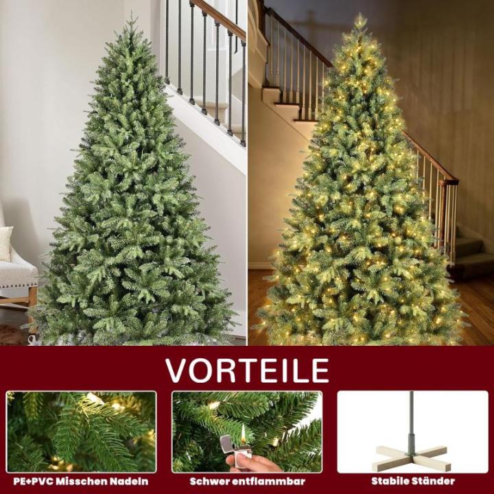 Miwa 2-in-1 kunstkerstboom met verlichting, inclusief 1150 takken en 400 leds en houten standaard, warm wit licht, buigbaar pvc + PE-punten, klapsysteem (2,1 m)