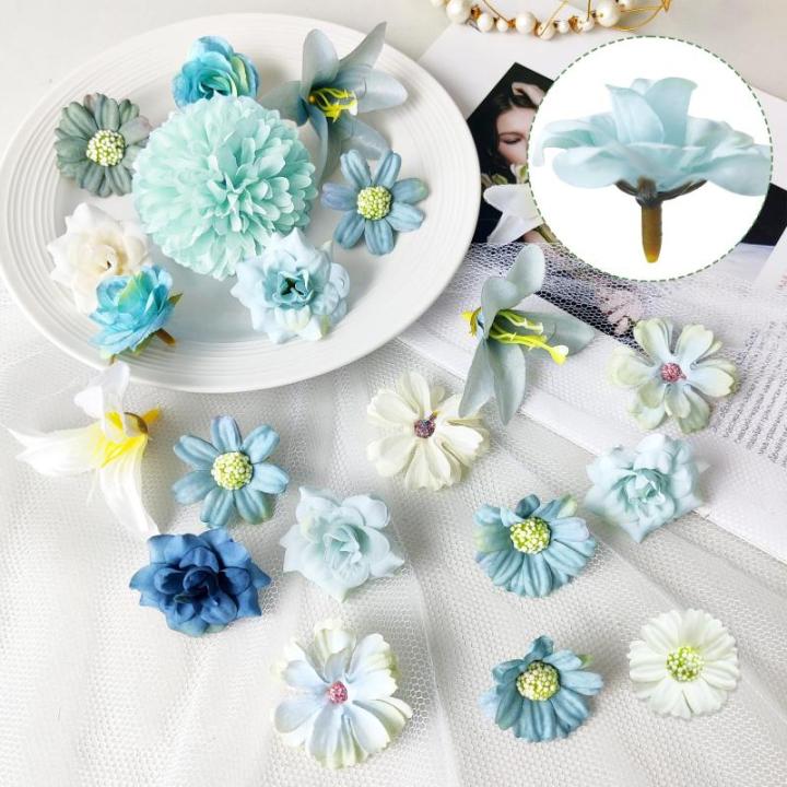 34 stuks om te knutselen, blauw, kleine bloemkoppen, 4 ~ 7 cm, mini , bloemhoofdjes, decoratie, zijden bloemen, , bloemendecoratie, rozen, hortensia's voor