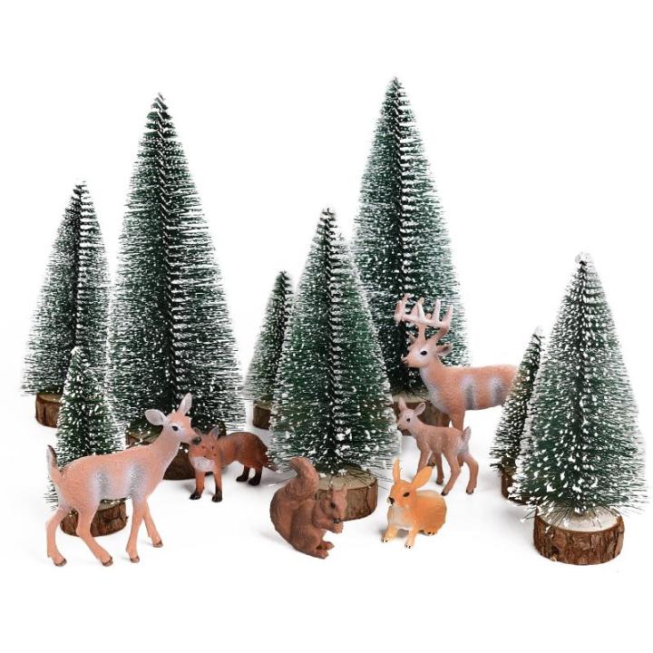 14 stuks mini-figuren, kerstboom, kunstornament, miniatuur, dennenboom, hert, haas, vos, eekhoorn, rendier, kleine kerstfiguren, kerstversiering om te knutselen, Xmas