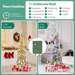 150 cm potlood kerstboom met sneeuw, leds in warm wit en kleurrijk | 11 lichtmodi | timer, kunstkerstboom met verlichting en metalen standaard, kerstboom kunstboom Kerstmis