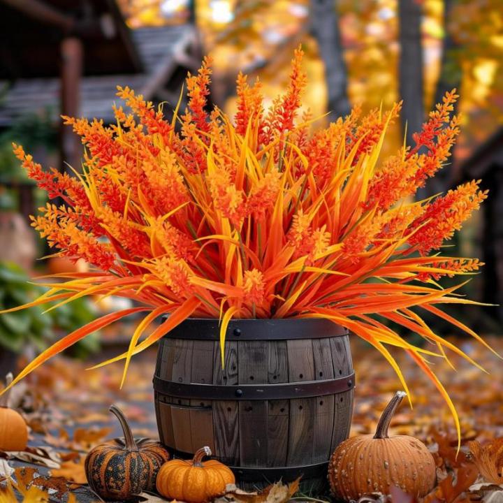 Kunstbloemen, 6 bundels voor buiten, met bloemen, uv-bestendig kunststof, herfstplanten voor tuin, raam, veranda, balkonplanten, herfstdecoratie