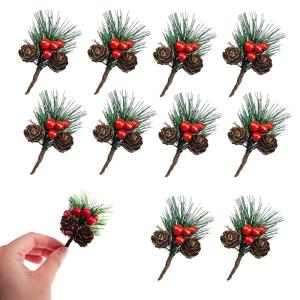 24 stuks kunstdennentakken met rode bessen en dennenappels, kerstdecoratie, knutselen, kunst, dennentakken, decoratie voor adventskrans, kerstkrans, tafeldecoratie, geschenkdozen