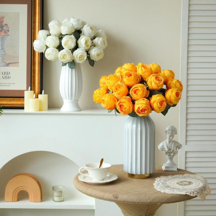 10 stuks gele kunstrozen, 50 cm, lang, enkele roos, kunstbloem, zijden bloesem, roos, realistische bloem voor tafel, kantoor, feest, bruiloft, woondecoratie (geel, 10 stuks)