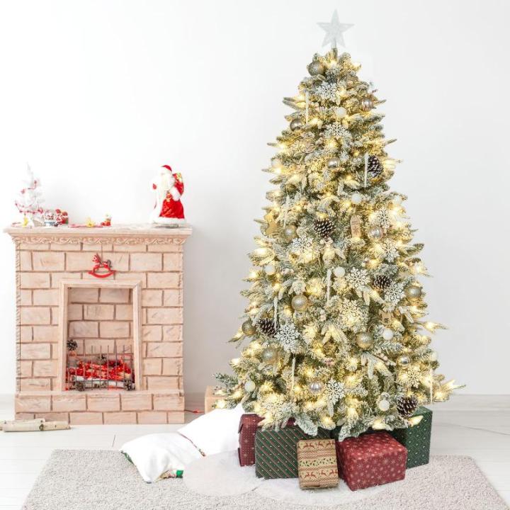 Kunstkerstboom met verlichting met sneeuw en STK, kerstballen, kerstdecoratieset, metalen standaard (180 cm, champagnegoud)