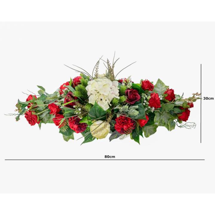 Grabaufleger aus künstlichen Textil Seidenblumen Rosen länglich 80cm groß XXL Friedhofsgesteck für Totensonntag Beerdigung wie Echt (Rot)