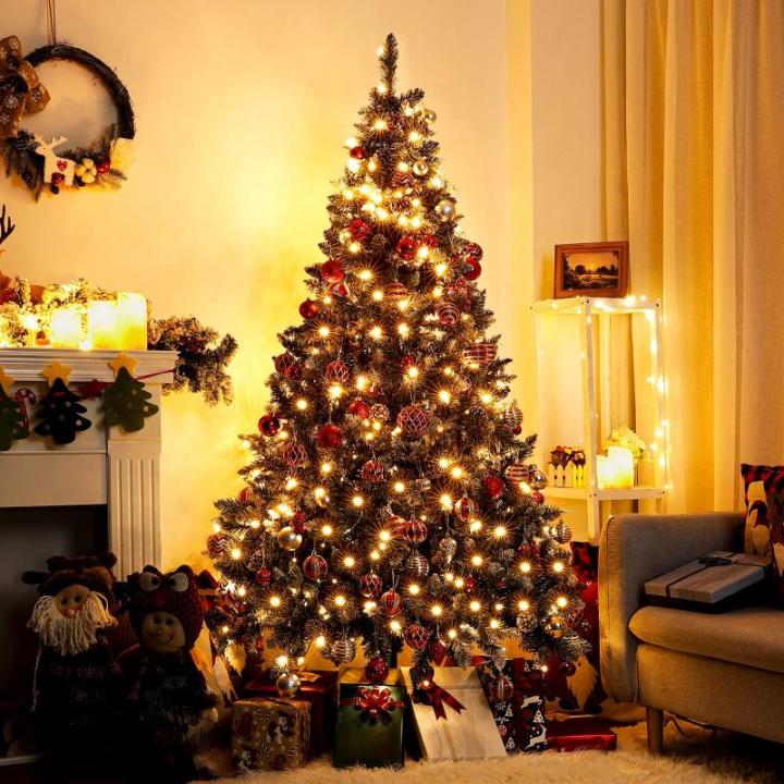 Kunstkerstboom met verlichting en witte sneeuw, led-dennenboom voor kerstdecoratie met echte dennenappels, vuurbestendig, 150 cm