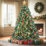 Kerstboom met verlichting, wintermagie serie, kunstkerstboom met kunstsneeuwcoating, 250 leds, 28 dennenappels, 570 takken en metalen standaard, van pvc, hoogte 180 cm