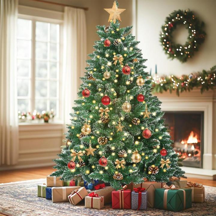 Kerstboom met verlichting, wintermagie serie, kunstkerstboom met kunstsneeuwcoating, 250 leds, 28 dennenappels, 570 takken en metalen standaard, van pvc, hoogte 180 cm