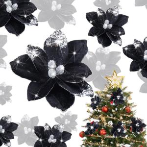16 Stück Glitzer künstliche Weihnachtssterne Blume Glitzer Samt Magnolie Blume Faux Weihnachten Weihnachtsstern Blume Weihnachten Dekorative Blume für Weihnachtsbaum Dekoration 