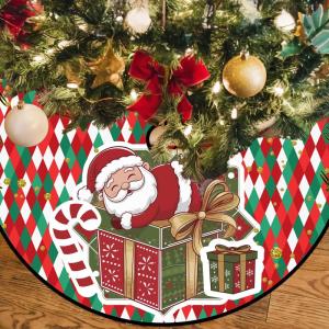 Kerstboomrok, 120 cm, groen-rode kerstboomdeken, grote kerstboomdeken met kerstman, polyester dennenboomdeken, retro kerstboomdeken voor winter, Kerstmis, feestdecoratie, binnen en
