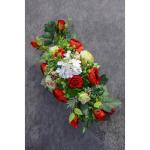 Grabaufleger aus künstlichen Textil Seidenblumen Rosen länglich 80cm groß XXL Friedhofsgesteck für Totensonntag Beerdigung wie Echt (Rot)