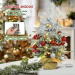 Mini-kerstboom met led, 45 cm kleine kerstboom, versierd met kunstsneeuw en ornamenten, mini-dennenboom voor kerstdecoratie, rood zilver