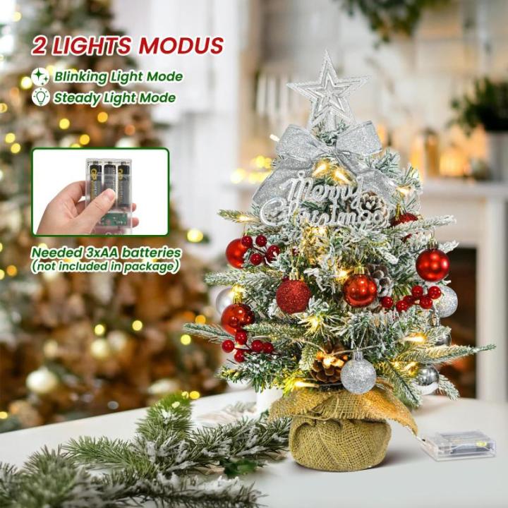 Mini-kerstboom met led, 45 cm kleine kerstboom, versierd met kunstsneeuw en ornamenten, mini-dennenboom voor kerstdecoratie, rood zilver