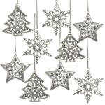 Set van 9 kerst, zilverkleurig metaal, kerstdecoratie om op te hangen, 6-8 cm