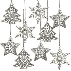 Set van 9 kerst, zilverkleurig metaal, kerstdecoratie om op te hangen, 6-8 cm