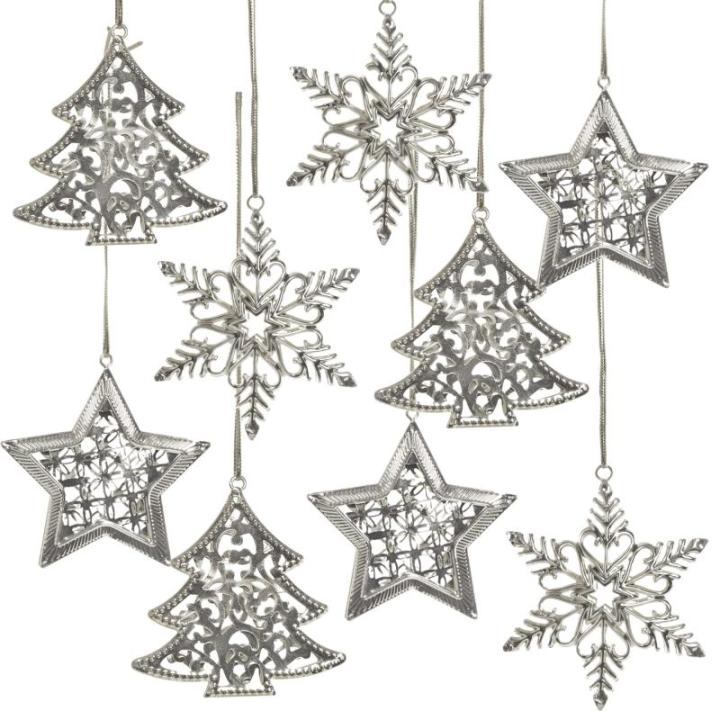 Set van 9 kerst, zilverkleurig metaal, kerstdecoratie om op te hangen, 6-8 cm