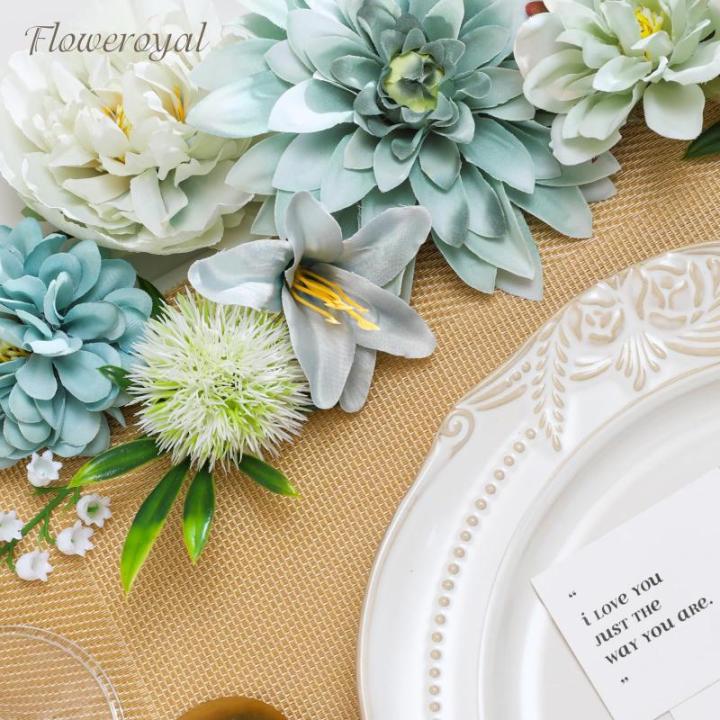 Kunstbloemen, combi, blauwe bloemen, zijden bloemen, dahlia-rozen met stelen voor bruiloft, bruidsboeketten, tafeldecoratie, babyshower, bloemstuk, woondecoraties