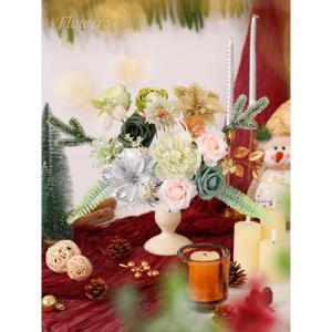 Kunstkerststerren, zijden bloemen, kunstrozen met stelen voor bruiloft, bruidsboeketten, tafeldecoratie, kerstdecoratie (goud, zilver en lichtgroen)