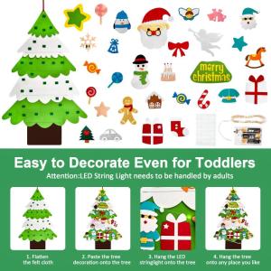 Vilten kerstboom voor kinderen, doe-het-zelf vilten kerstboomset, 3.2ft vilten kerstboom voor peuters met 30 stuks afneembare ornamenten en 5M LED-verlichting, wandhangende vilten 