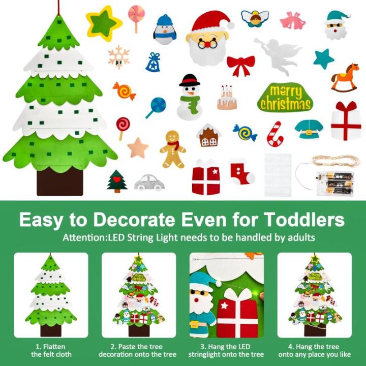 Vilten kerstboom voor kinderen, doe-het-zelf vilten kerstboomset, 3.2ft vilten kerstboom voor peuters met 30 stuks afneembare ornamenten en 5M LED-verlichting, wandhangende vilten 