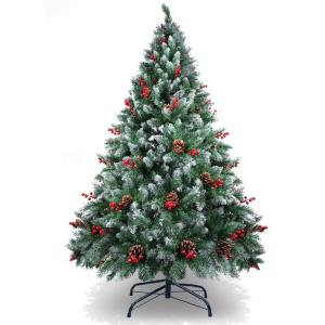Kerstboom van 2,1 m met dennenappels en bessen, 2,1 m PVC kunstmatige kerstboom met sneeuw stroomden tips kerstdecoratie staande kerstboom voor binnen buiten groen en wit