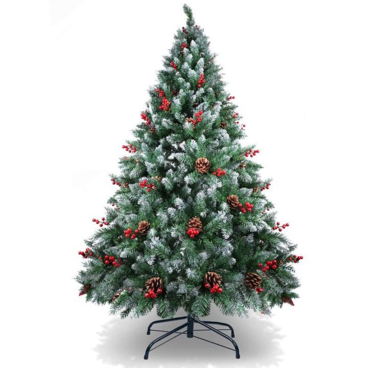 Kerstboom van 2,1 m met dennenappels en bessen, 2,1 m PVC kunstmatige kerstboom met sneeuw stroomden tips kerstdecoratie staande kerstboom voor binnen buiten groen en wit