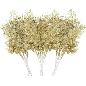 28 stuks kerst glitter bloemen bessen stelen kunstmatige kersttakken kerstboomversiering kunsttakken kerstboom plukken voor doe-het-zelf vakantie handwerk krans thuis decoratie (go