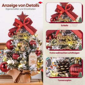 Mini-kerstboom kleine kerstboom met verlichting, led-tafel, kerstboom, klein, kunstmatig versierd, voor kerstdecoratie (40 cm, rood met goud)