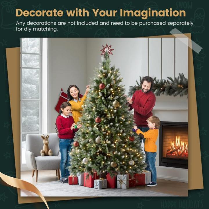 Kunstkerstboom met sneeuweffect, dennenappels, verlichting, 150 cm, automatische dennenboom, kunstkerstboom van pvc en PE, met houten standaard, Nordmann-spar, moeilijk ontvlambare