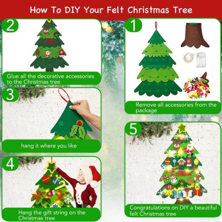 Vilten kerstboom, 10 m, doe-het-zelf vilten kerstboomset voor kinderen, kerstdecoratie, hangende decoratie met afneembare hangende ornamenten, vilten kerstboom voor thuis/deur/muur