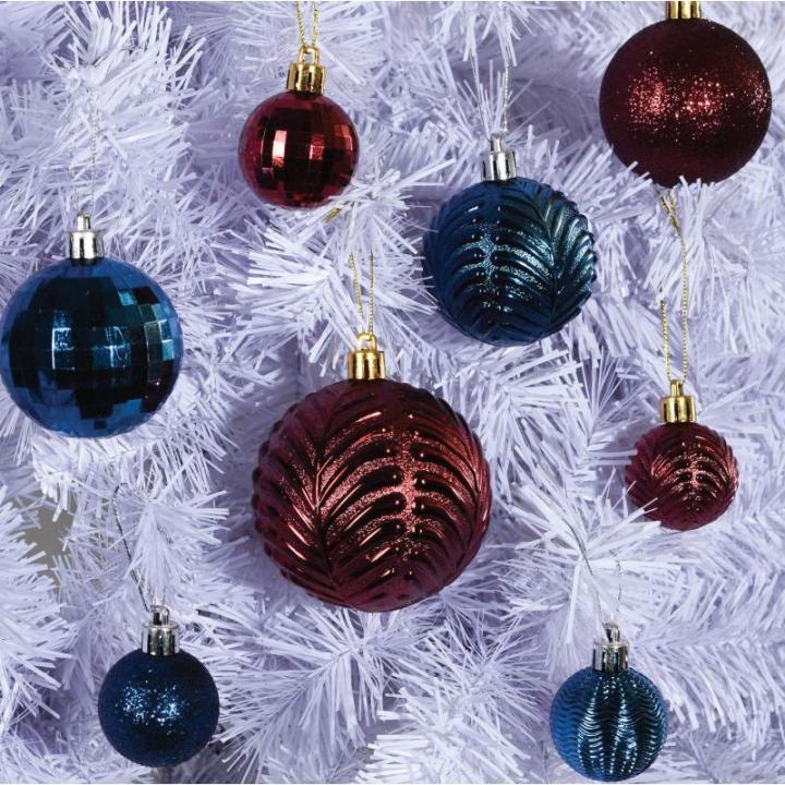wijnrode kerstbalornamenten voor kerstversiering - 36 stuks kerstboom onbreekbare ornamenten met ophanglus voor vakantie- en feestdecoratie (combo van 6 stijlen in 3 maten)