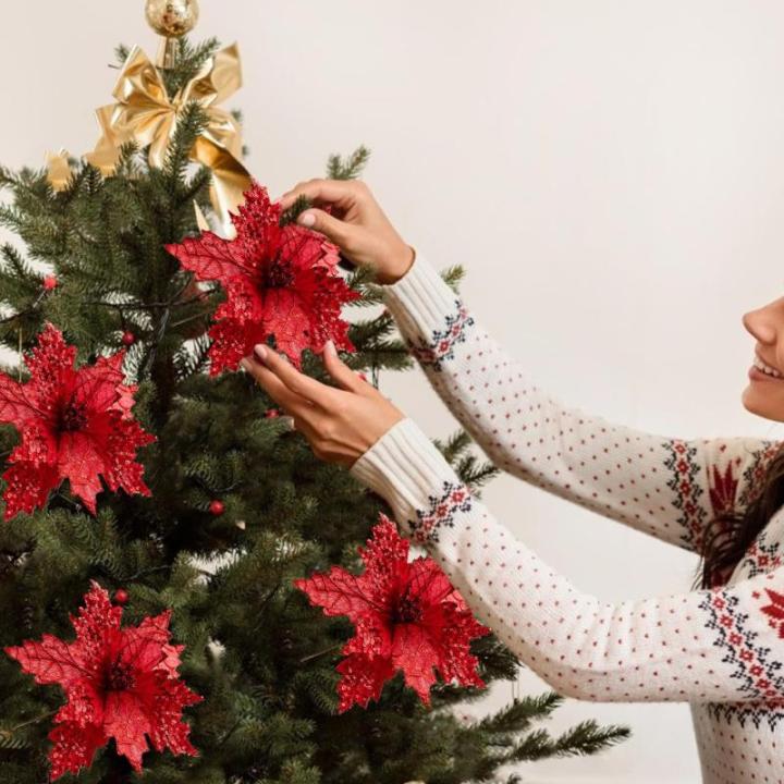 Poinsettia Blumen künstlich 8pcs 8x10in realistische Weihnachtsblumen mit Pailletten & Textur Stoff Poinsettias Künstliche Weihnachtsblumen, Rot, Poinsettias Künstliche Weihnach