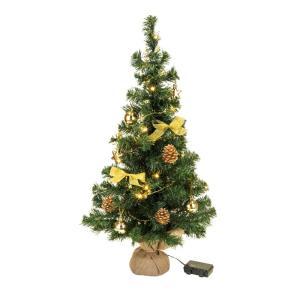 Kunstkerstboom, 75 cm, versierd met ballen, sterren, dennenappels, strikken, slinger, en een lichtkettting met 20 ledlichtjes, 1 batterij