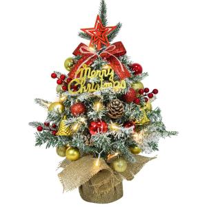 Mini-kerstboom met led, 45 cm kleine kerstboom, versierd met kunstsneeuw en ornamenten, mini-dennenboom voor kerstdecoratie (rood, zilver, goud)