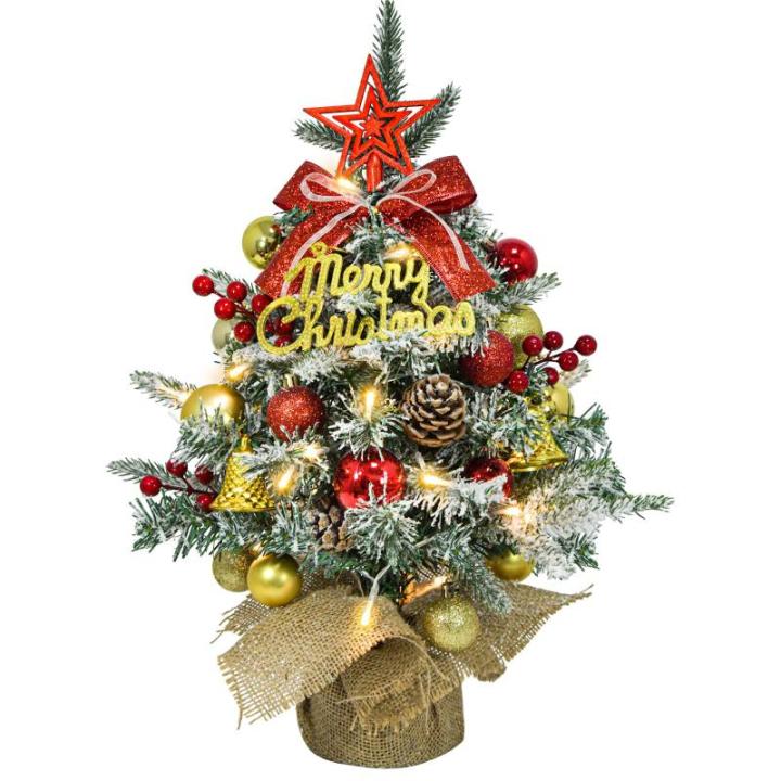 Mini-kerstboom met led, 45 cm kleine kerstboom, versierd met kunstsneeuw en ornamenten, mini-dennenboom voor kerstdecoratie (rood, zilver, goud)