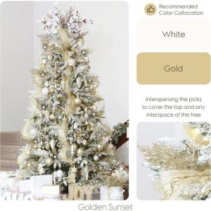Set van 24 kunstglitter-dennenboomtakken, decoratieve staven, glinsterende stengels, picks, takken voor kerstboom, kleine vaas, feestdagen, bruiloft, feest, 35 cm, goud