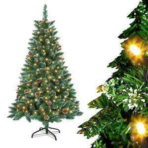 Kunstkerstboom van 150 cm met 180 warmwitte ledlampen en metalen standaard, 367 groene pvc-punten met sneeuweffect en dennenappels, dennenboom voor kerstdecoratie