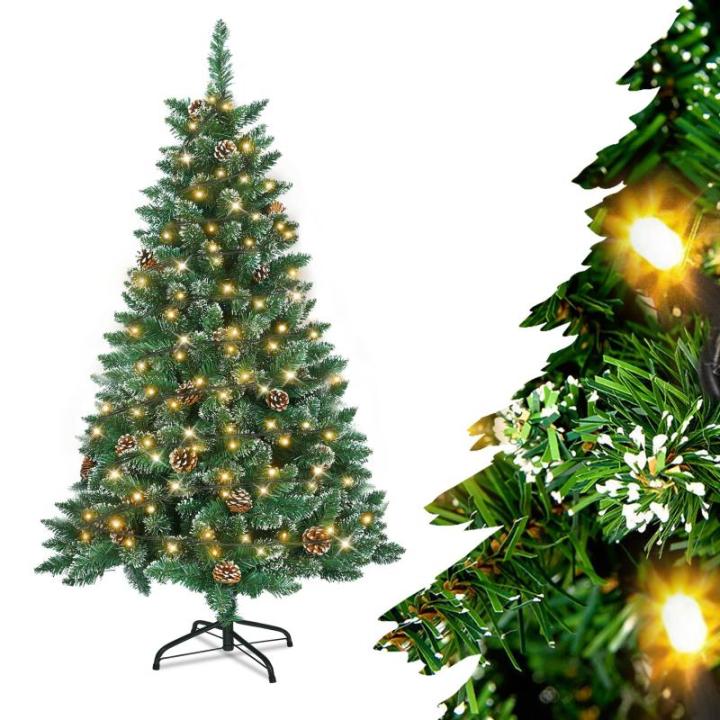 Kunstkerstboom van 150 cm met 180 warmwitte ledlampen en metalen standaard, 367 groene pvc-punten met sneeuweffect en dennenappels, dennenboom voor kerstdecoratie