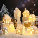 26 stuks keramische kerstdorpset 8 LED kersthuizen 16 kerstbomen voor boerderij 2 straatlantaarns kerstscène decoratie wit porselein kerstdecoratie figuren voor tafel