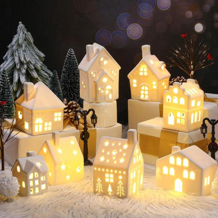 26 stuks keramische kerstdorpset 8 LED kersthuizen 16 kerstbomen voor boerderij 2 straatlantaarns kerstscène decoratie wit porselein kerstdecoratie figuren voor tafel