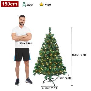 Kunstkerstboom van pvc, 150 cm, met verlichting, 180 lampen, led-kerstboom, kunstkerstboom met metalen standaard, voor kerstdecoratie