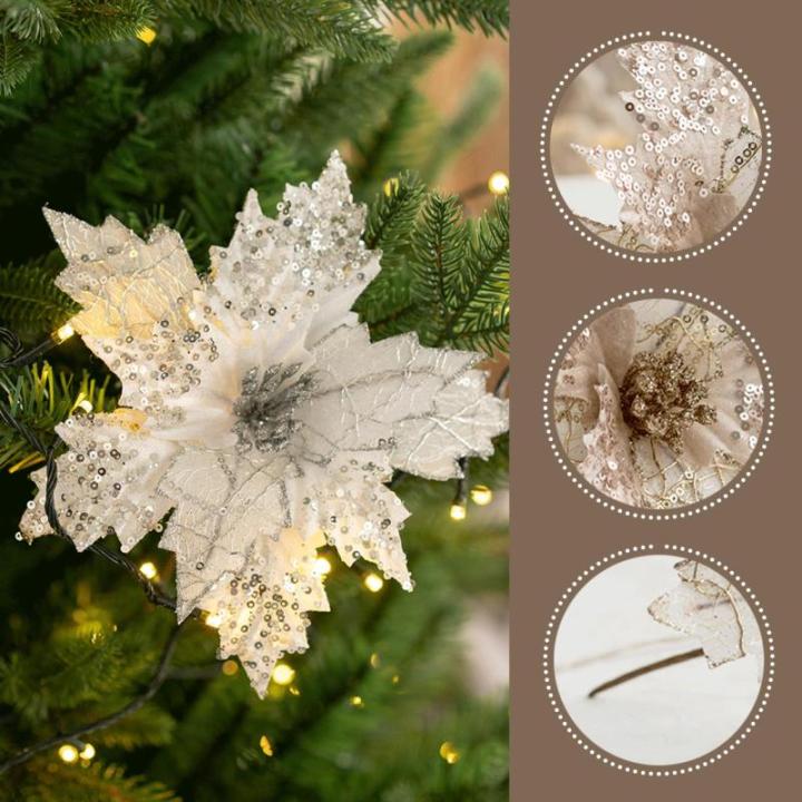 Poinsettia Blumen künstlich 8pcs 8x10in realistische Weihnachtsblumen mit Pailletten & Textur Stoff Poinettias Künstliche Weihnachtsblumen, Champagner, Poinsettias Künstliche We